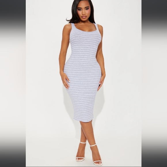 "NWT" Grey & White Striped Midi Bodycon Dress - Picture 1 of 2